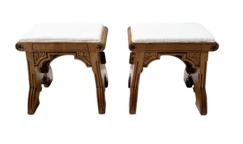 Arts & Crafts Hand-Carved Oak Stools with Boucle Upholstery, 1900s